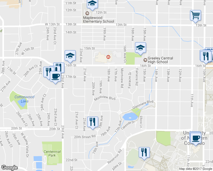 map of restaurants, bars, coffee shops, grocery stores, and more near 1721 18th Ave in Greeley