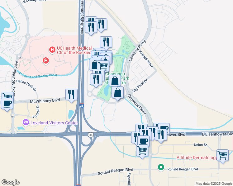 map of restaurants, bars, coffee shops, grocery stores, and more near 6125 Sky Pond Drive in Loveland