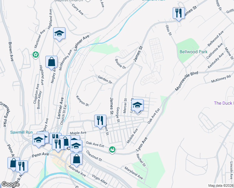 map of restaurants, bars, coffee shops, grocery stores, and more near 625 George Street in Turtle Creek