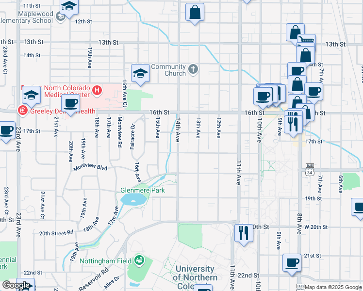 map of restaurants, bars, coffee shops, grocery stores, and more near 1722 14th Avenue in Greeley