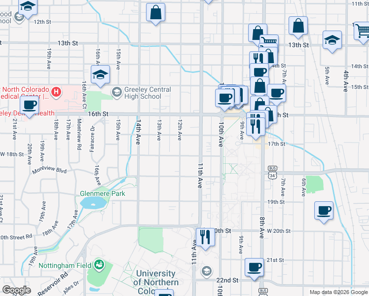 map of restaurants, bars, coffee shops, grocery stores, and more near 1725 12th Avenue in Greeley