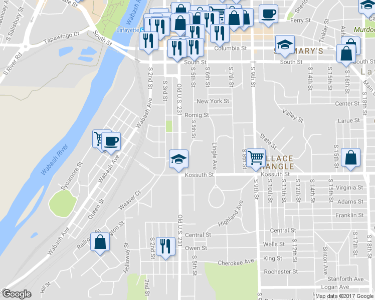 map of restaurants, bars, coffee shops, grocery stores, and more near 527 South 5th Street in Lafayette
