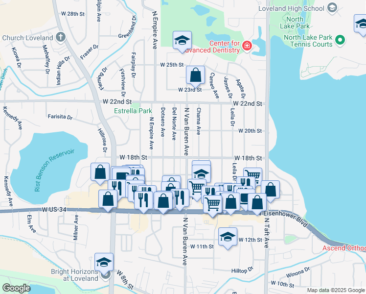 map of restaurants, bars, coffee shops, grocery stores, and more near 1810 Del Norte Avenue in Loveland
