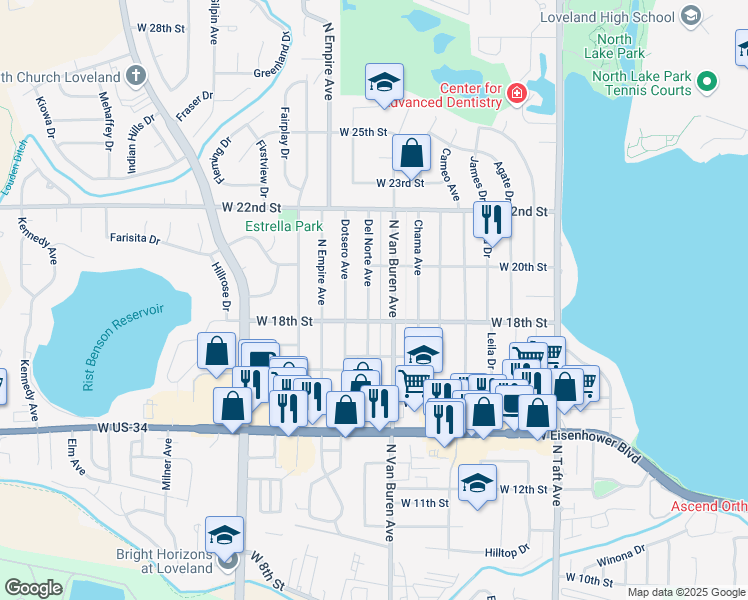 map of restaurants, bars, coffee shops, grocery stores, and more near 1810 Del Norte Avenue in Loveland