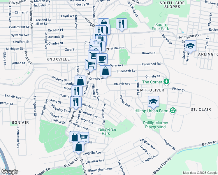 map of restaurants, bars, coffee shops, grocery stores, and more near 227 Anthony Street in Pittsburgh