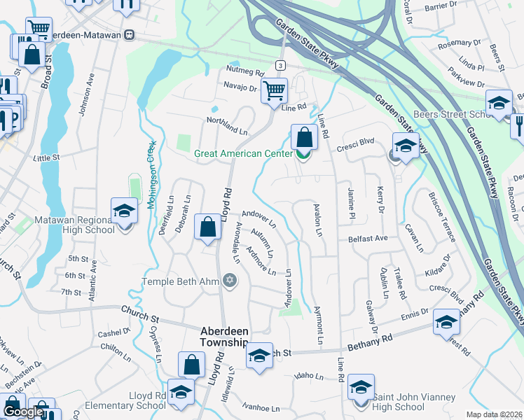 map of restaurants, bars, coffee shops, grocery stores, and more near 120 Andover Lane in Monmouth County