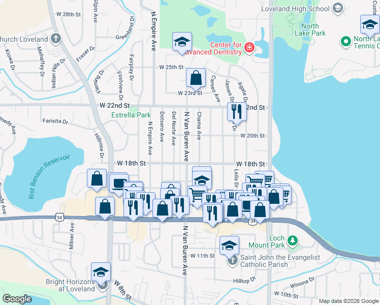map of restaurants, bars, coffee shops, grocery stores, and more near 1812 North Van Buren Avenue in Loveland