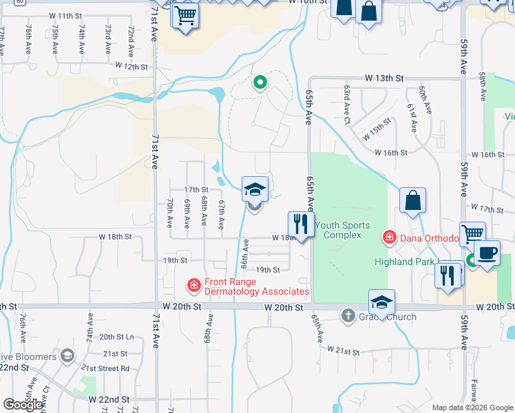 map of restaurants, bars, coffee shops, grocery stores, and more near 6525 West 18th Street in Greeley