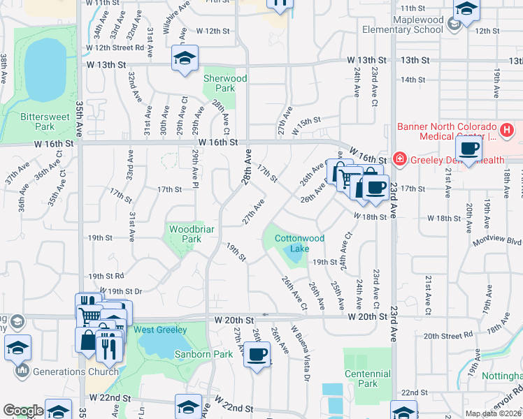 map of restaurants, bars, coffee shops, grocery stores, and more near 1732 27th Avenue in Greeley