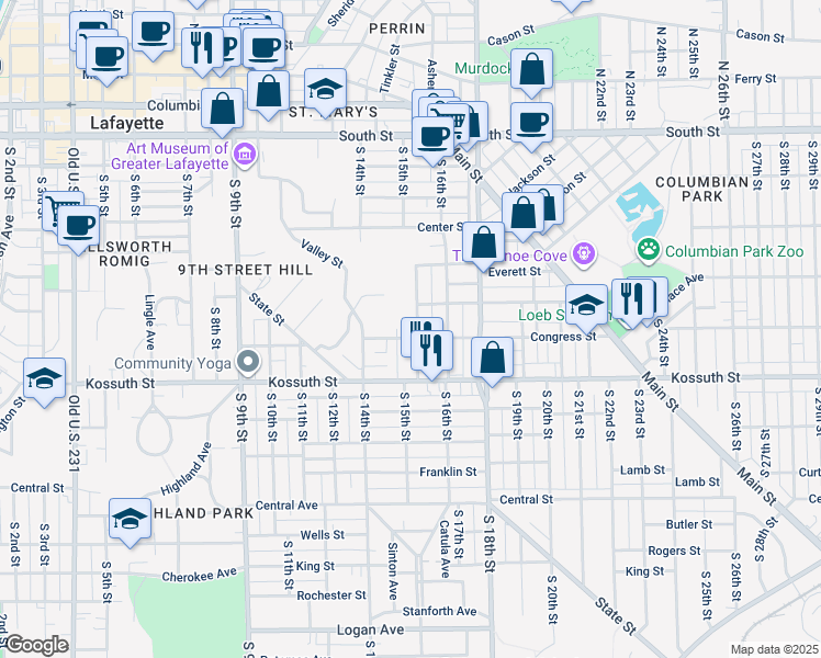 map of restaurants, bars, coffee shops, grocery stores, and more near 520 South 15th Street in Lafayette