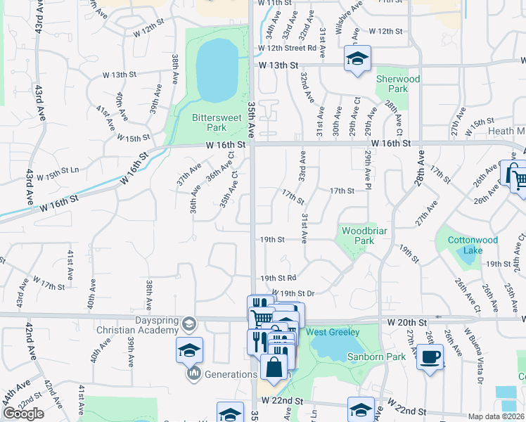 map of restaurants, bars, coffee shops, grocery stores, and more near 3406 West 17th Street Road in Greeley