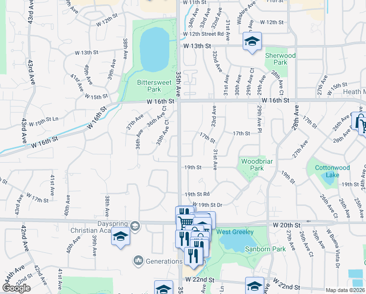 map of restaurants, bars, coffee shops, grocery stores, and more near 3406 West 17th Street Road in Greeley