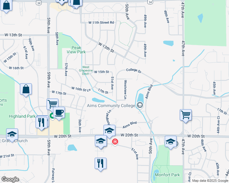 map of restaurants, bars, coffee shops, grocery stores, and more near 1620 51st Avenue in Greeley