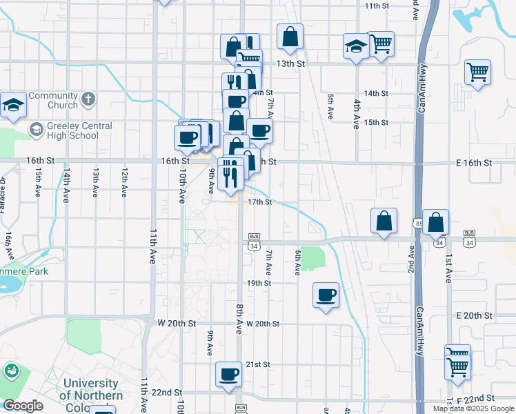 map of restaurants, bars, coffee shops, grocery stores, and more near 1705 7th Avenue in Greeley
