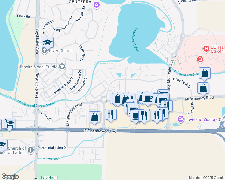 map of restaurants, bars, coffee shops, grocery stores, and more near 4612 Hahns Peak Drive in Loveland