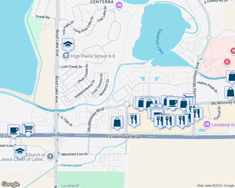 map of restaurants, bars, coffee shops, grocery stores, and more near 1963 Grays Peak Drive in Loveland
