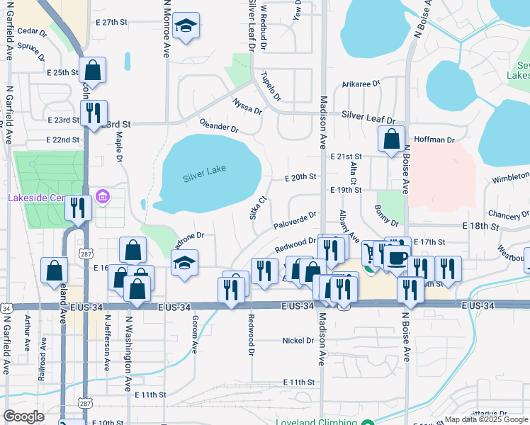 map of restaurants, bars, coffee shops, grocery stores, and more near 938 Piccabeen Drive in Loveland