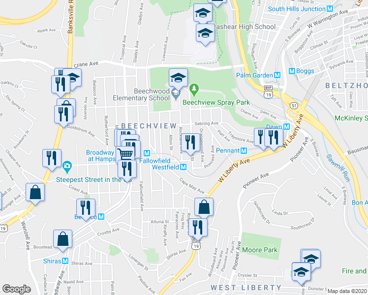 map of restaurants, bars, coffee shops, grocery stores, and more near 1520 Rockland Avenue in Pittsburgh