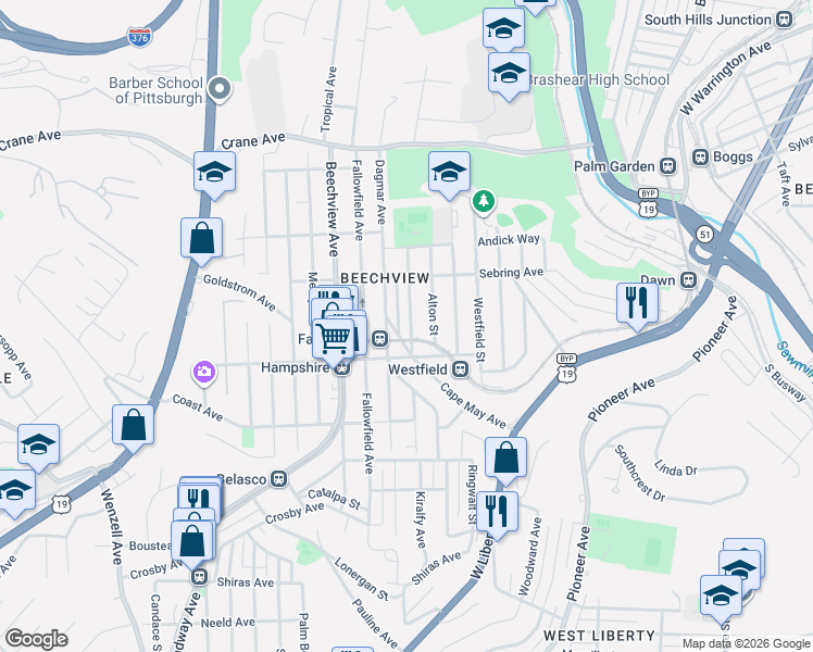 map of restaurants, bars, coffee shops, grocery stores, and more near 1516 Kenberma Avenue in Pittsburgh