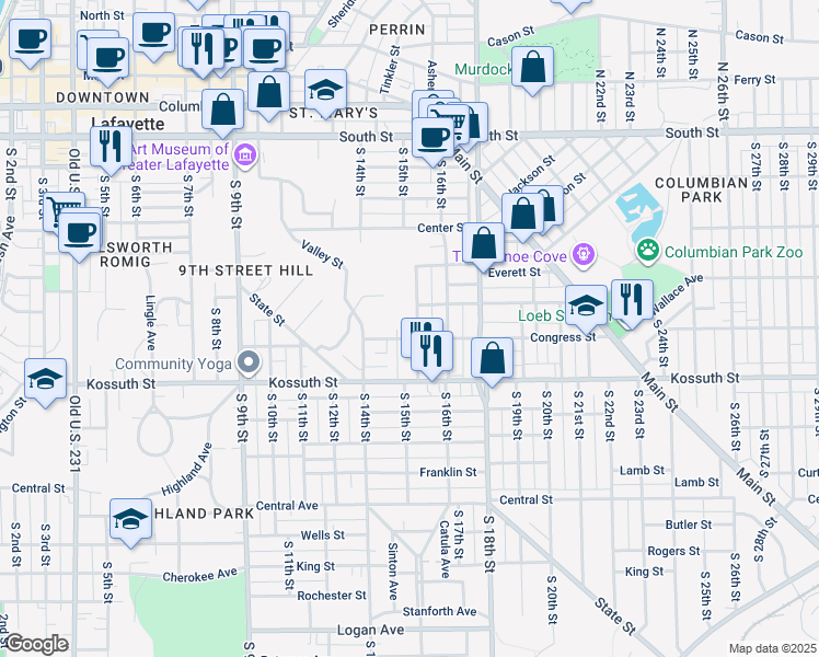 map of restaurants, bars, coffee shops, grocery stores, and more near 520 South 15th Street in Lafayette