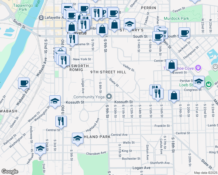 map of restaurants, bars, coffee shops, grocery stores, and more near in Lafayette
