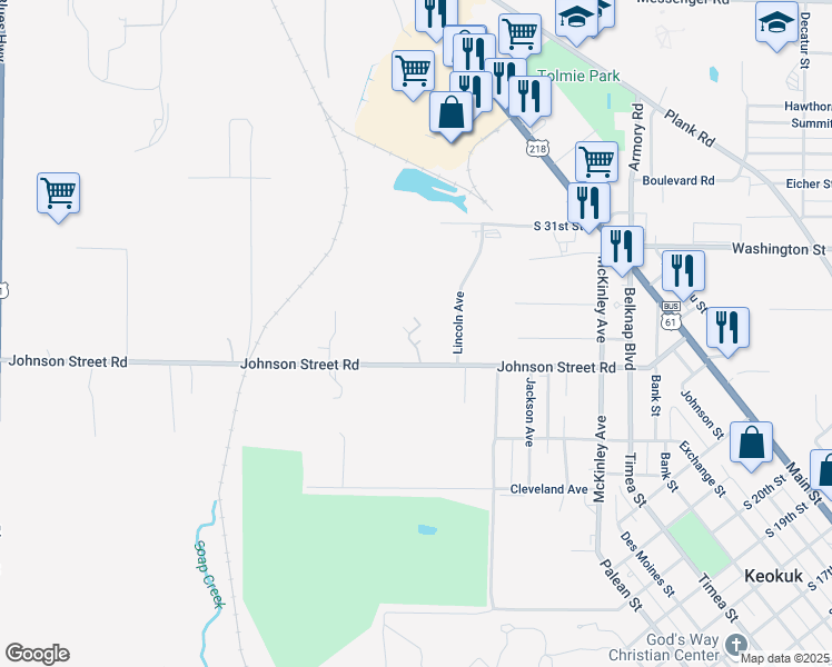 map of restaurants, bars, coffee shops, grocery stores, and more near 868 Johnson Street Road in Keokuk