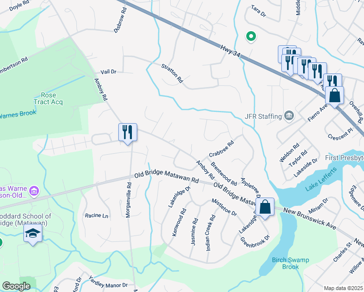 map of restaurants, bars, coffee shops, grocery stores, and more near 50 Amboy Road in Matawan