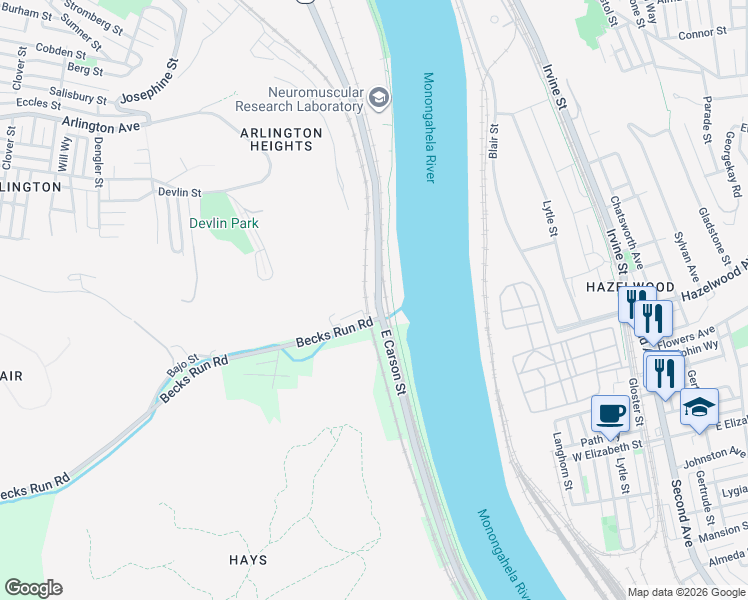 map of restaurants, bars, coffee shops, grocery stores, and more near Carson St in Pittsburgh
