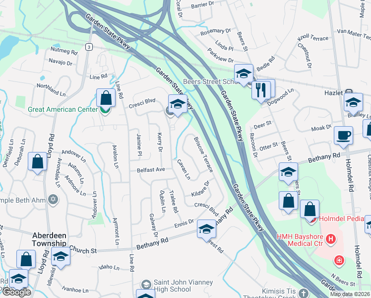 map of restaurants, bars, coffee shops, grocery stores, and more near 21 Briscoe Terrace in Hazlet