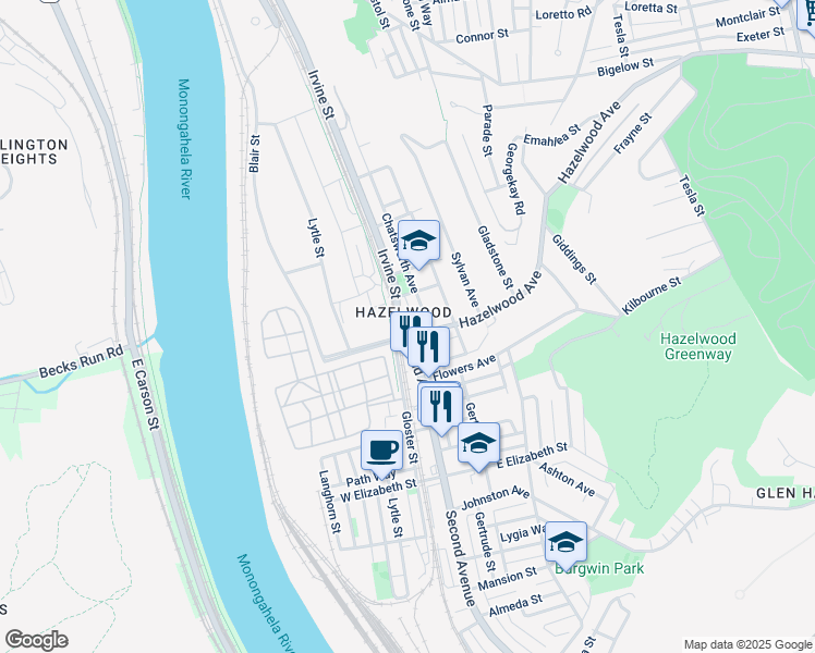 map of restaurants, bars, coffee shops, grocery stores, and more near 4743 Irvine Street in Pittsburgh