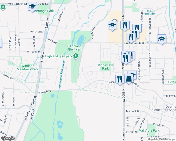 map of restaurants, bars, coffee shops, grocery stores, and more near 9822 Meadow Ln in Highland