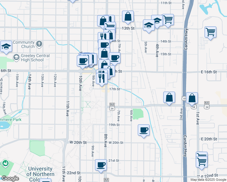 map of restaurants, bars, coffee shops, grocery stores, and more near 1705 7th Avenue in Greeley
