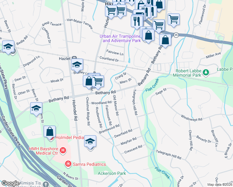 map of restaurants, bars, coffee shops, grocery stores, and more near 63 Bethany Road in Holmdel
