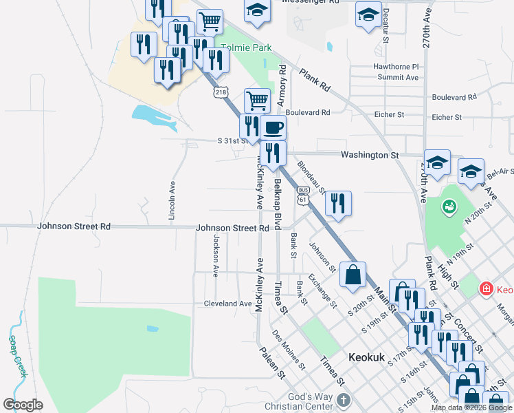 map of restaurants, bars, coffee shops, grocery stores, and more near 314 Belknap Place in Keokuk