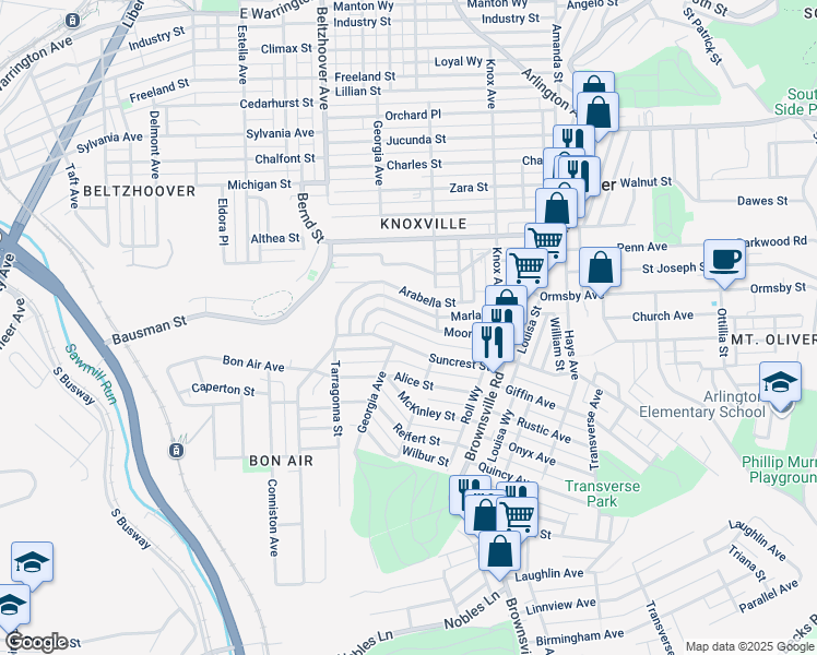 map of restaurants, bars, coffee shops, grocery stores, and more near 324 Moore Avenue in Pittsburgh