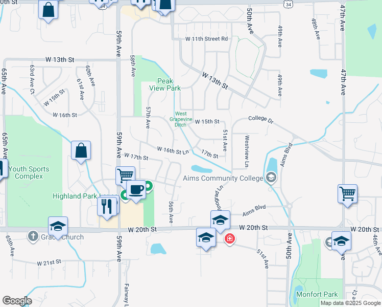 map of restaurants, bars, coffee shops, grocery stores, and more near 5402 West 16th Street Lane in Greeley