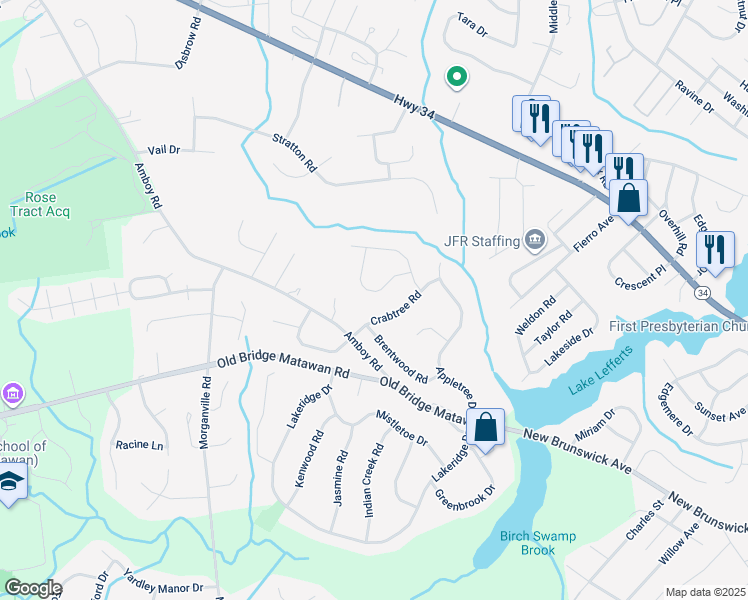 map of restaurants, bars, coffee shops, grocery stores, and more near 10 Crabtree Road in Matawan