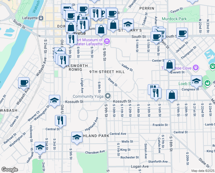 map of restaurants, bars, coffee shops, grocery stores, and more near 525 South 9th Street in Lafayette