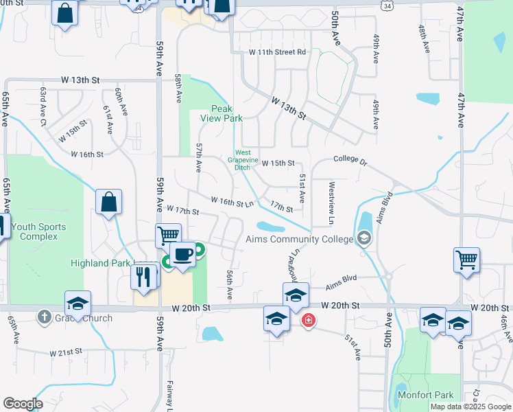 map of restaurants, bars, coffee shops, grocery stores, and more near 5402 West 16th Street Lane in Greeley