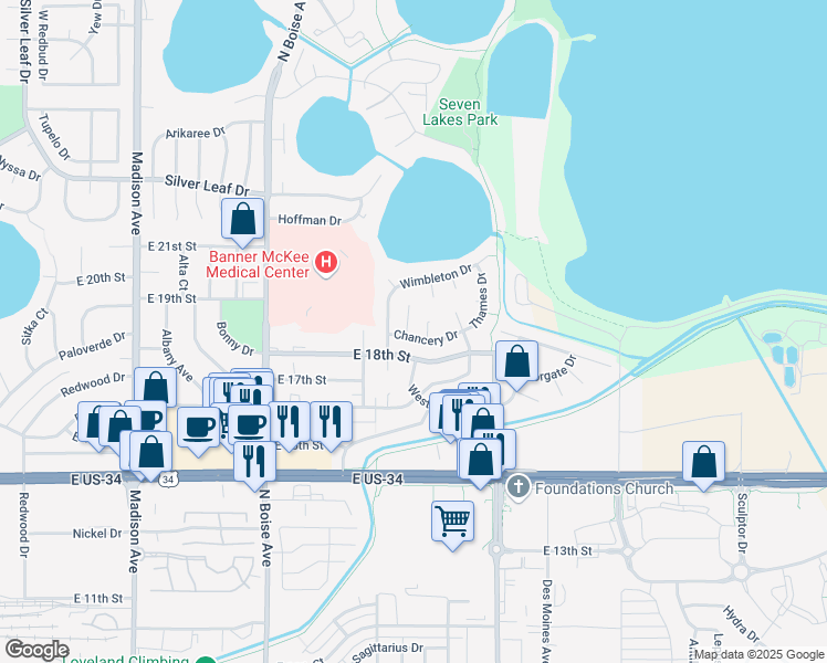 map of restaurants, bars, coffee shops, grocery stores, and more near 1816 Cambridge Court in Loveland