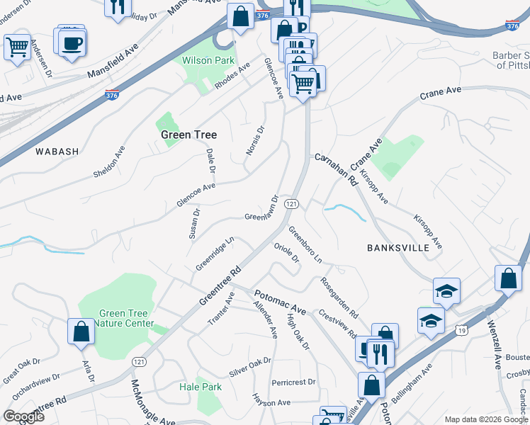 map of restaurants, bars, coffee shops, grocery stores, and more near 1083 Greenlawn Drive in Pittsburgh