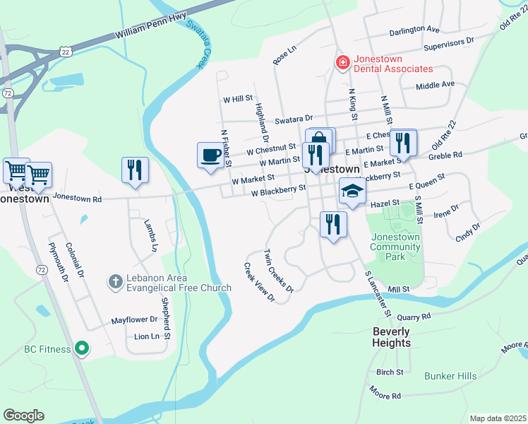 map of restaurants, bars, coffee shops, grocery stores, and more near 20 Williamsburg Drive in Jonestown
