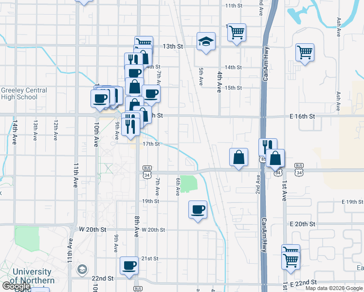 map of restaurants, bars, coffee shops, grocery stores, and more near 509 18th Street in Greeley