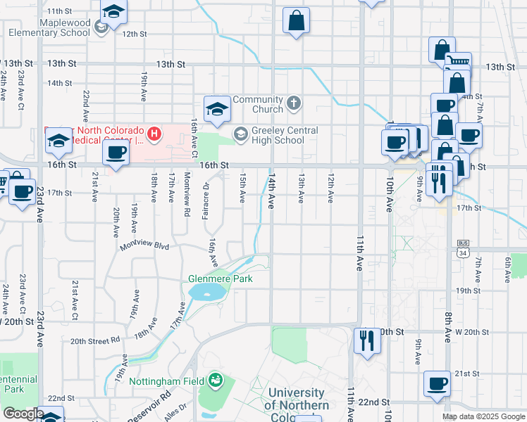 map of restaurants, bars, coffee shops, grocery stores, and more near 1419 18th Street in Greeley