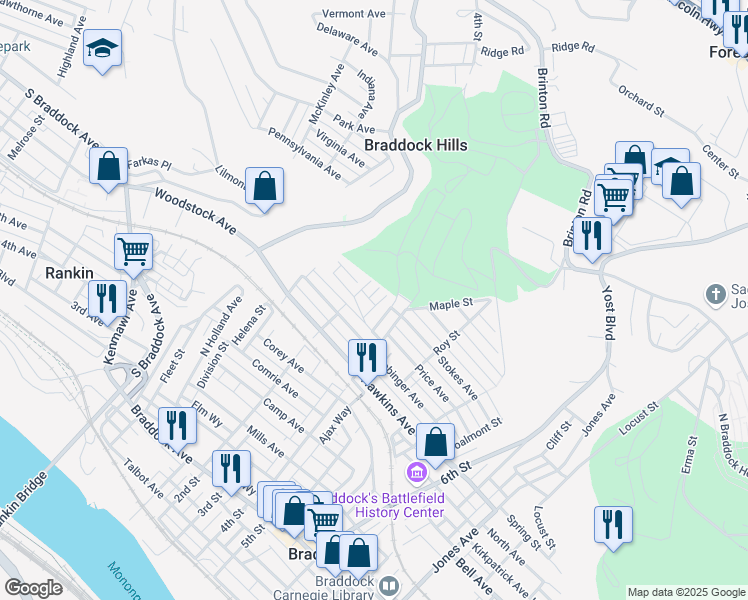 map of restaurants, bars, coffee shops, grocery stores, and more near 1013 Highland Street in Braddock