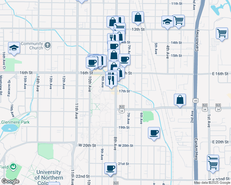 map of restaurants, bars, coffee shops, grocery stores, and more near 1702 U.S. 85 Business in Greeley