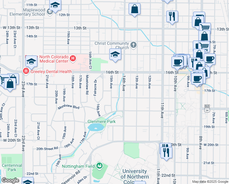 map of restaurants, bars, coffee shops, grocery stores, and more near 1419 18th Street in Greeley