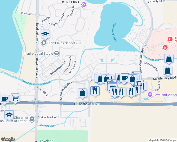 map of restaurants, bars, coffee shops, grocery stores, and more near 1963 Grays Peak Drive in Loveland