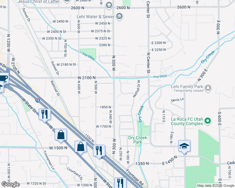 map of restaurants, bars, coffee shops, grocery stores, and more near 1947 North Hidden Creek Drive in Lehi