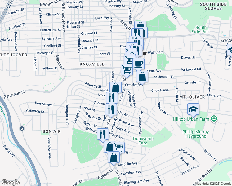 map of restaurants, bars, coffee shops, grocery stores, and more near 201 Moore Avenue in Pittsburgh